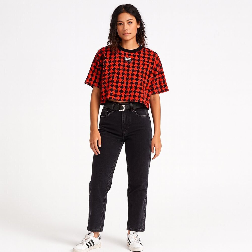 Adidas Originals Orange Houndstooth Tee S | Graphic Logo Streetwear Crop